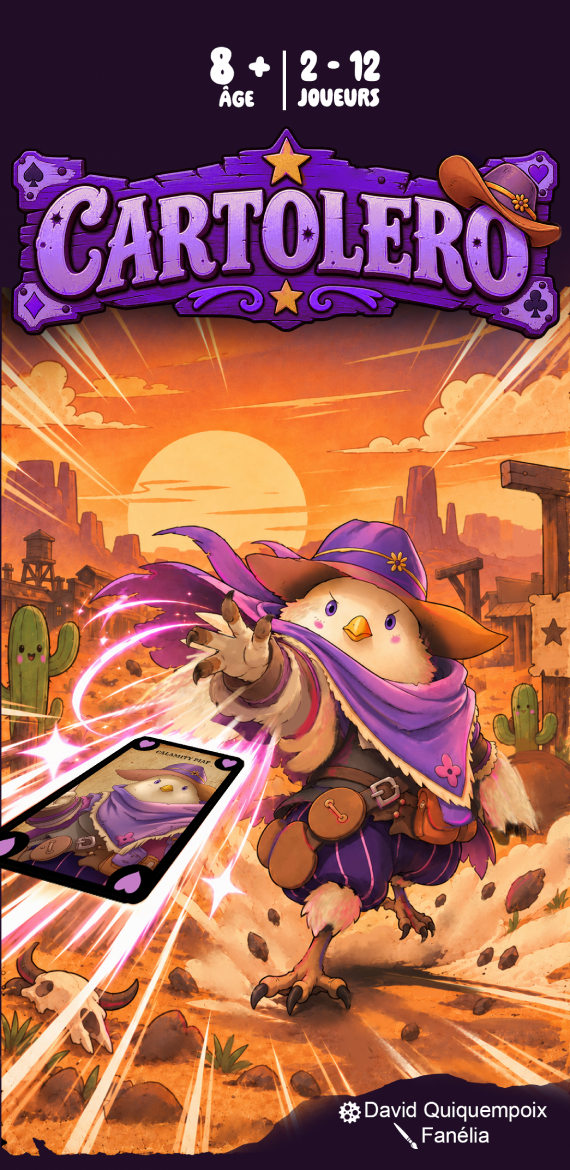 Boîte du jeu Cartolero, illustrée d’un oiseau en tenue de cowboy dans un décor de western.